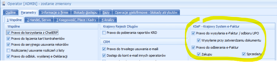 Comarch ERP Optima - Uprawnienia operatora do współpracy z KSeF